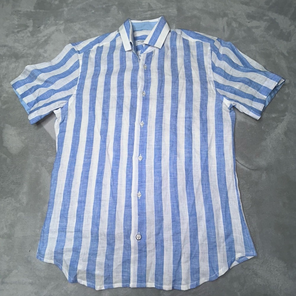 Nero Sfumato Positano Linen Blue Button Vertical Stripes Shirt Mens M Trending